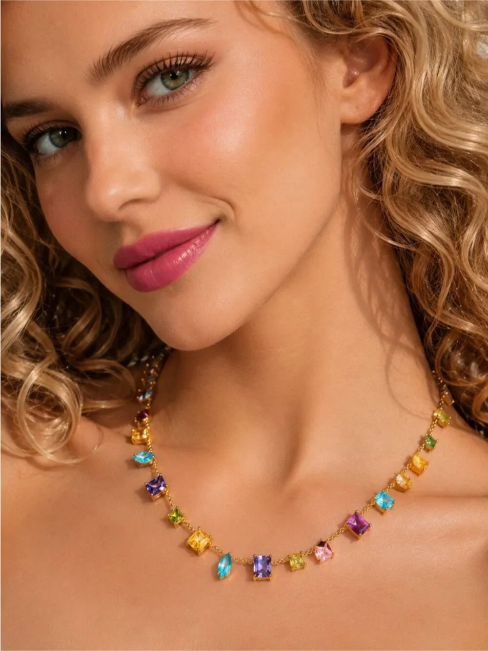 Gold plated Multigemstone Station Necklace — Purple, Pink, Blue & Yellow
